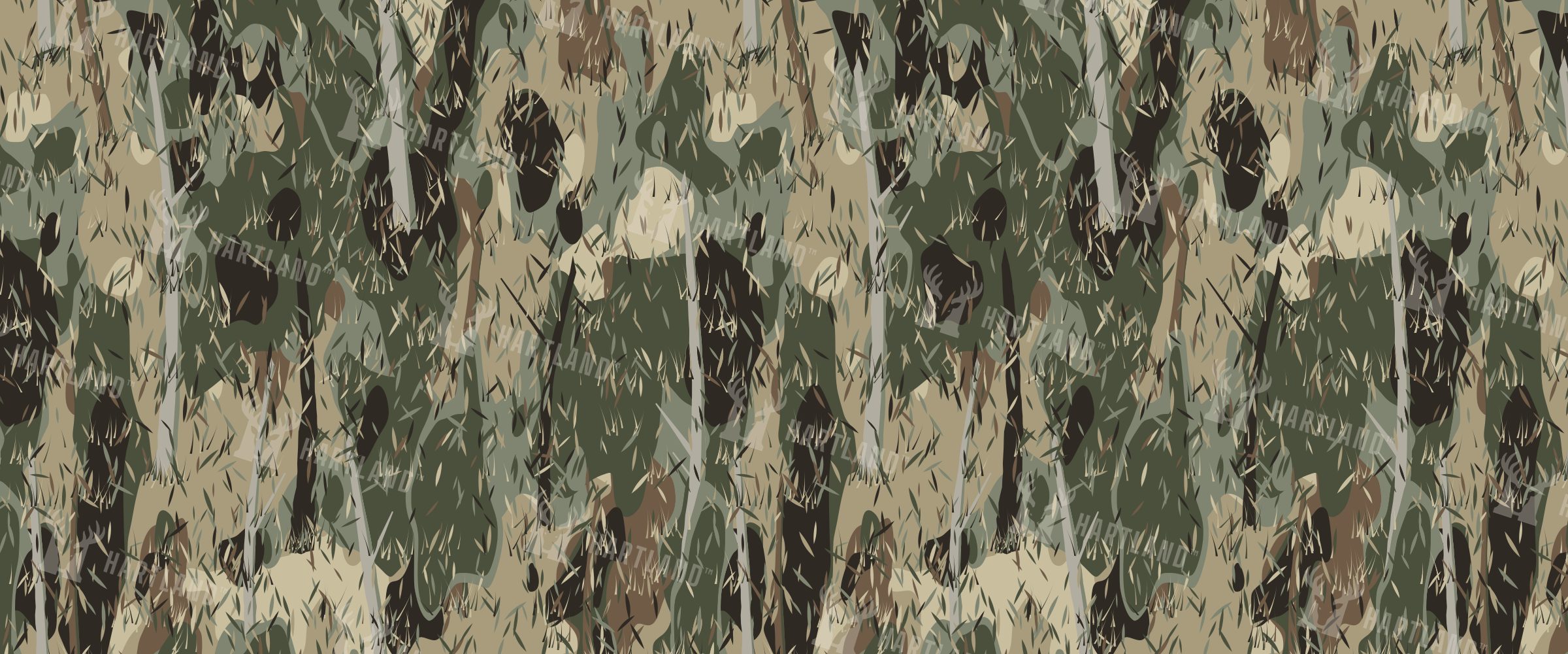 Range™ camo pattern: eucalypt foliage, grass and gum trunks in olive, tan, grey-green and deep shadow
